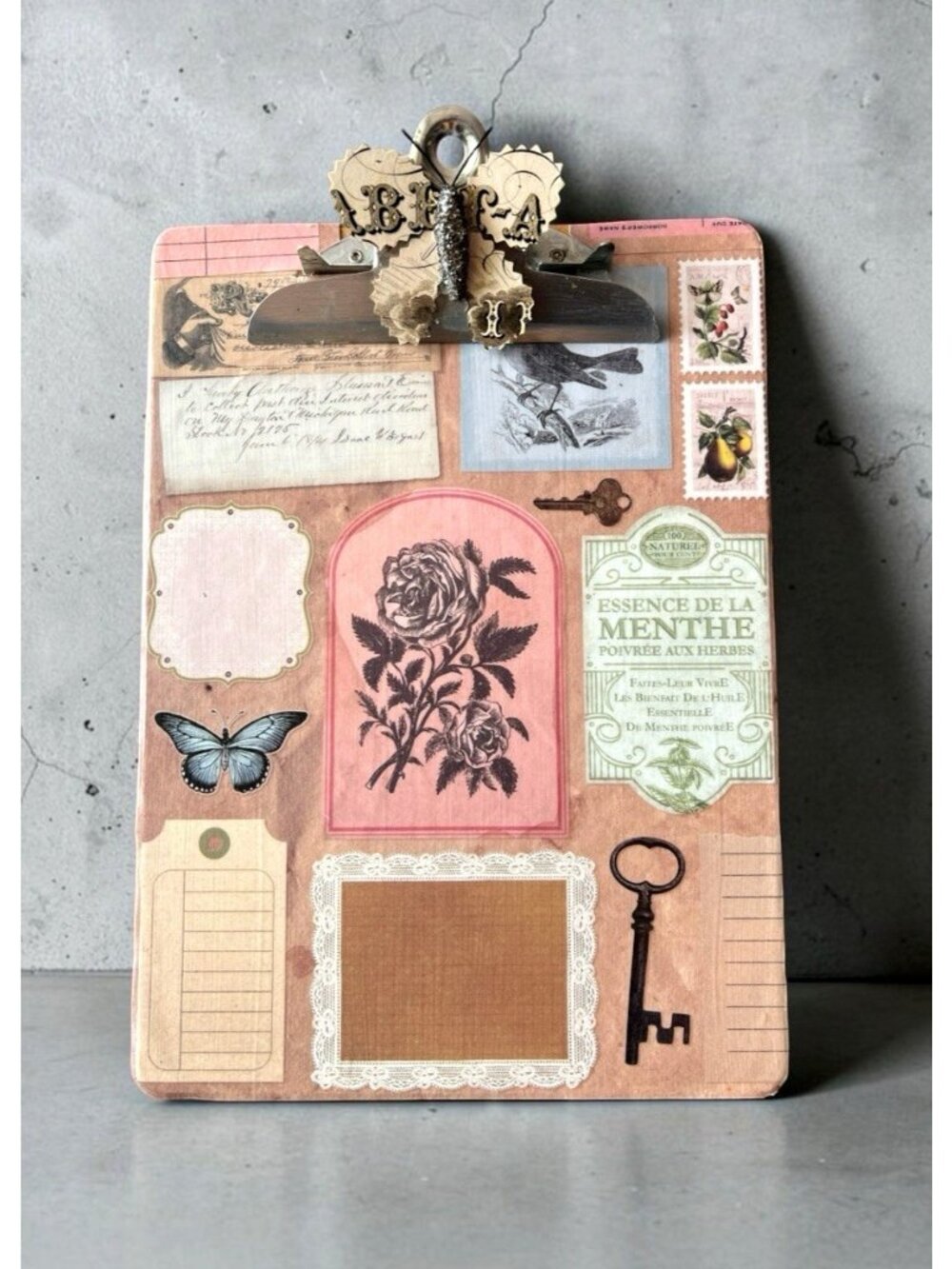 Handcrafted CLIPBOARD Upcycled Decopage Butterfly Bird Rose Key Victorian 12 x 9